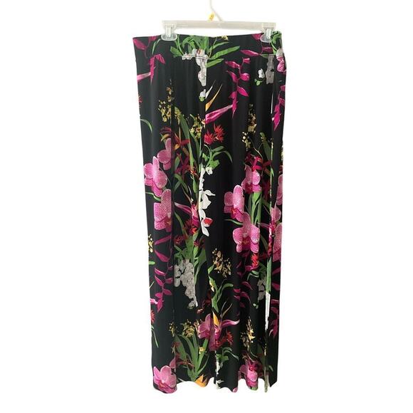 G.I.L.I. Jetsetter Flared Leg Pant Women's L/XL Black Floral Side Ankle Slit Hem - Picture 2 of 7
